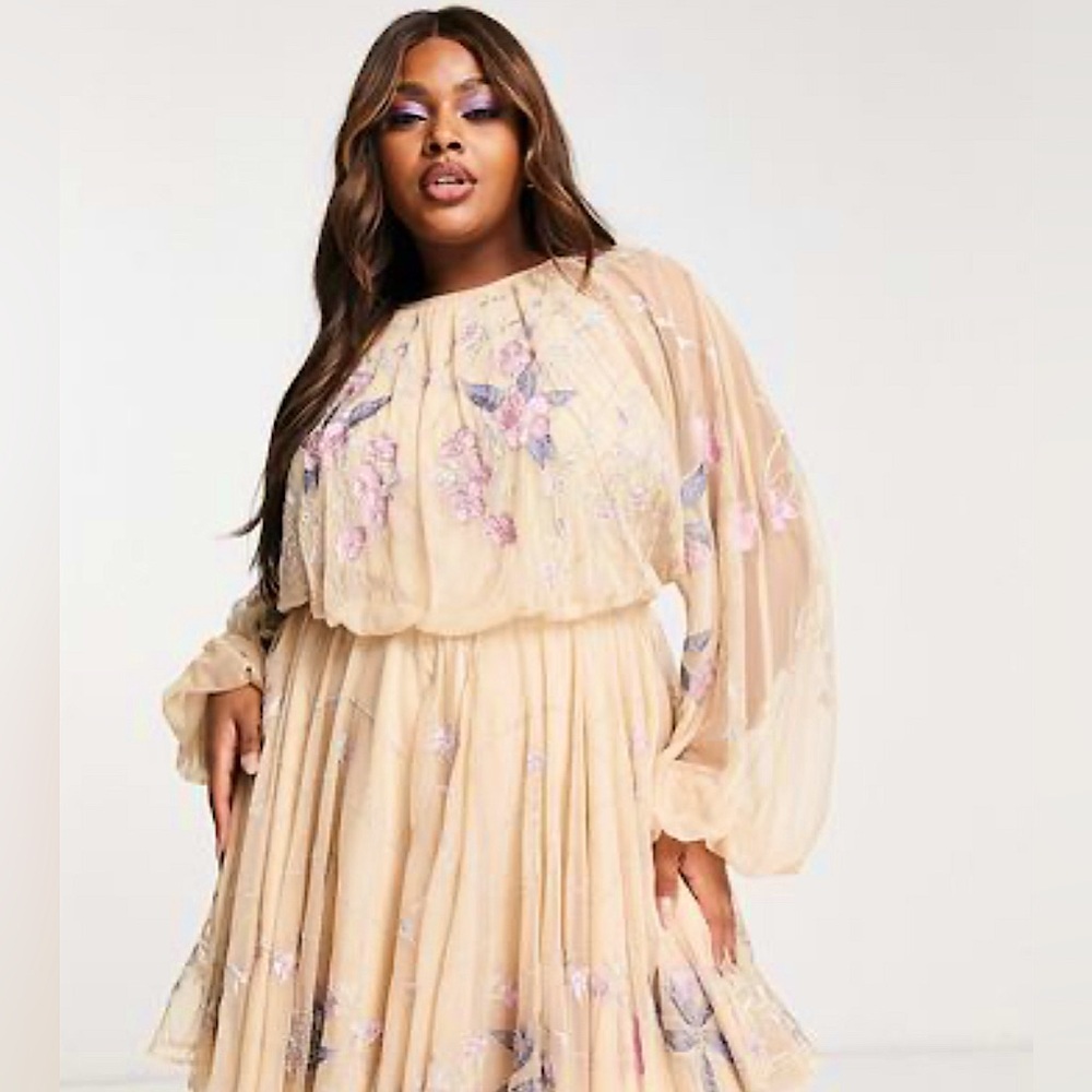 ASOS Curve Beige Mini Dress with Pink & Lavender Floral Embroidery